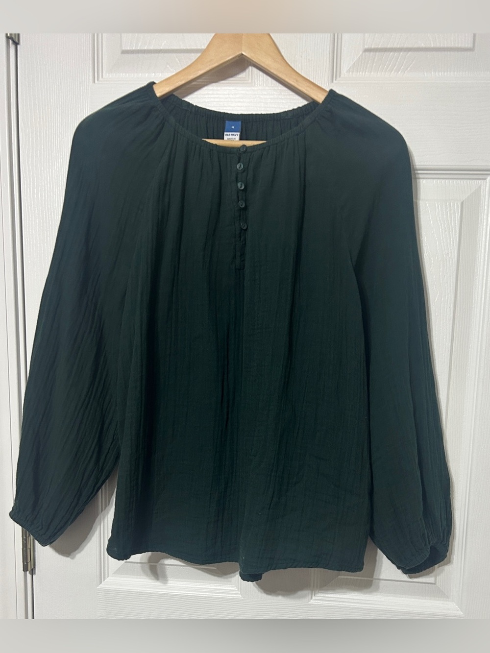 Old Navy Women’s Green Gauzy Cotton Blouse Top Balloon Sleeves Size M